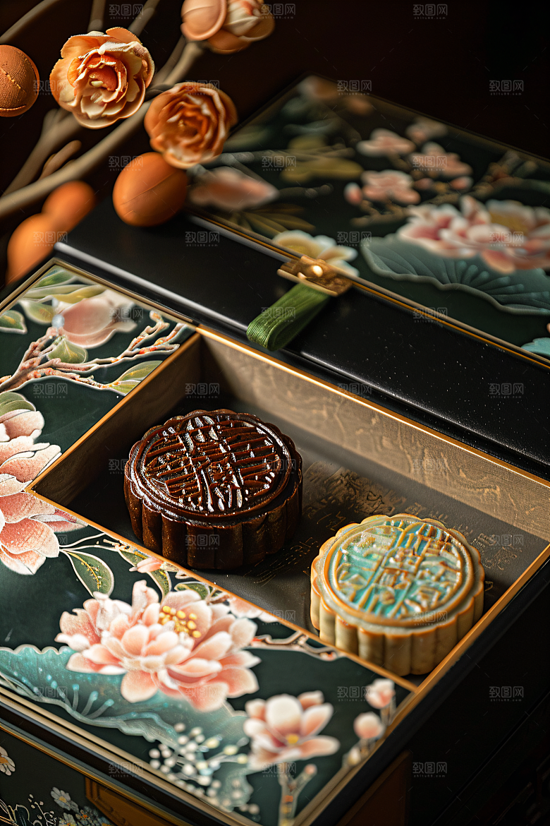 中秋月饼礼盒传统美食习俗摄影图