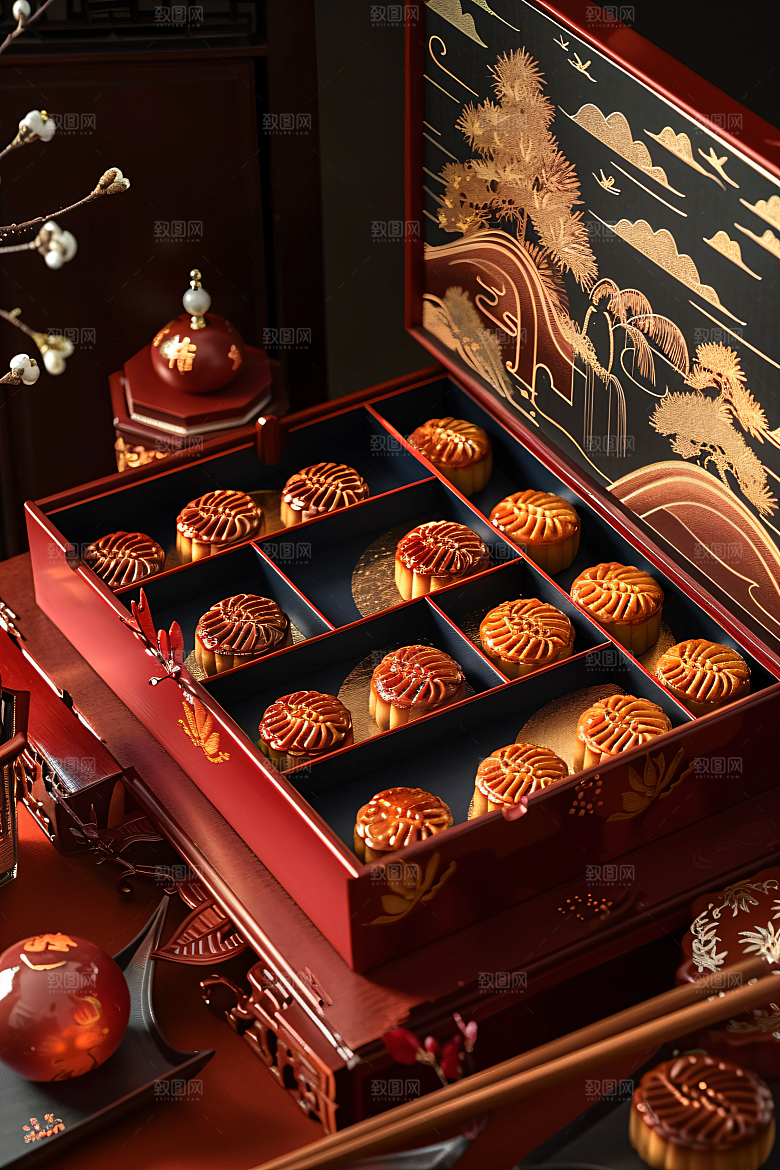 中秋月饼礼盒广式月饼糕点摄影图