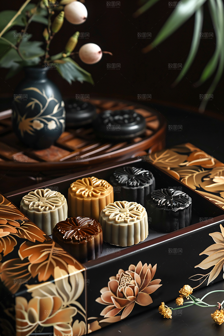 中秋月饼礼盒传统美食糕点摄影图