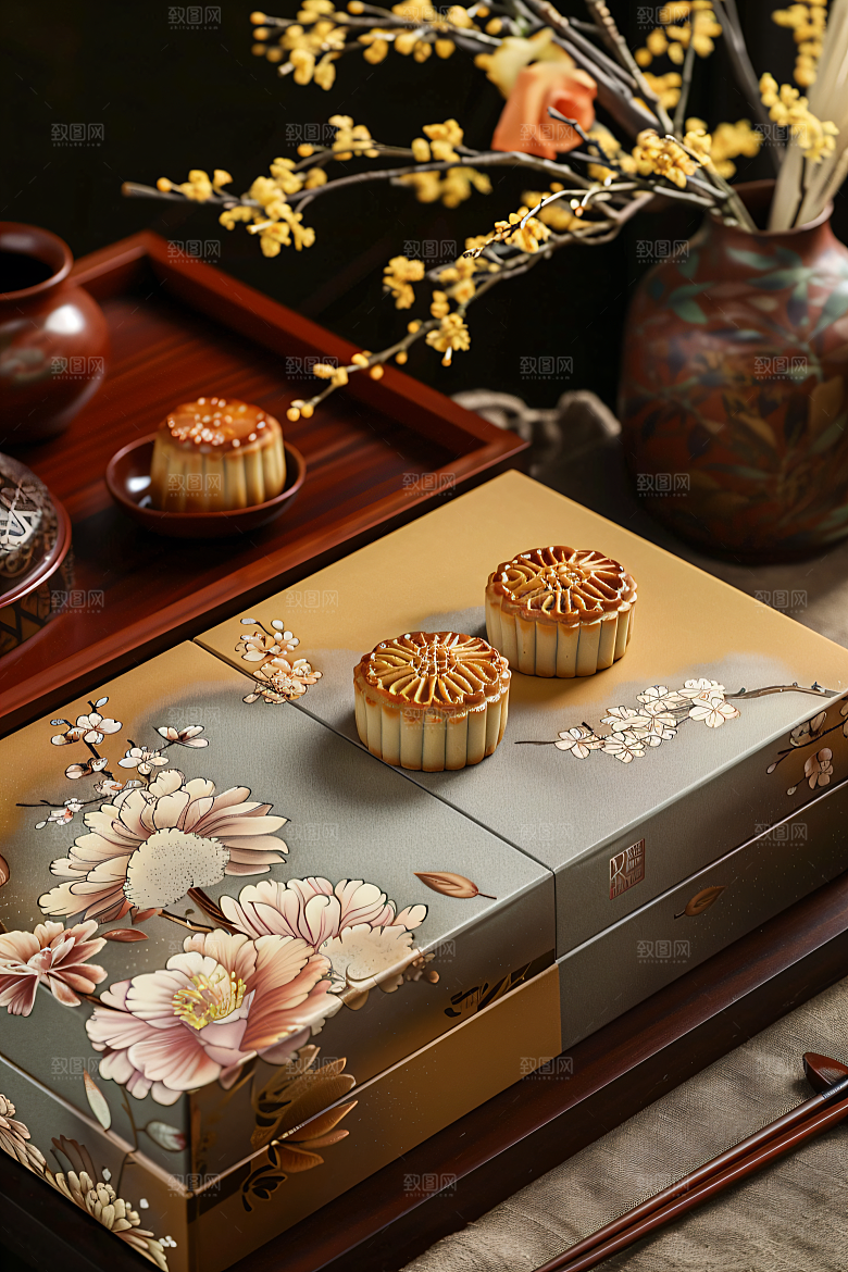 中秋月饼礼盒传统节日甜点摄影图