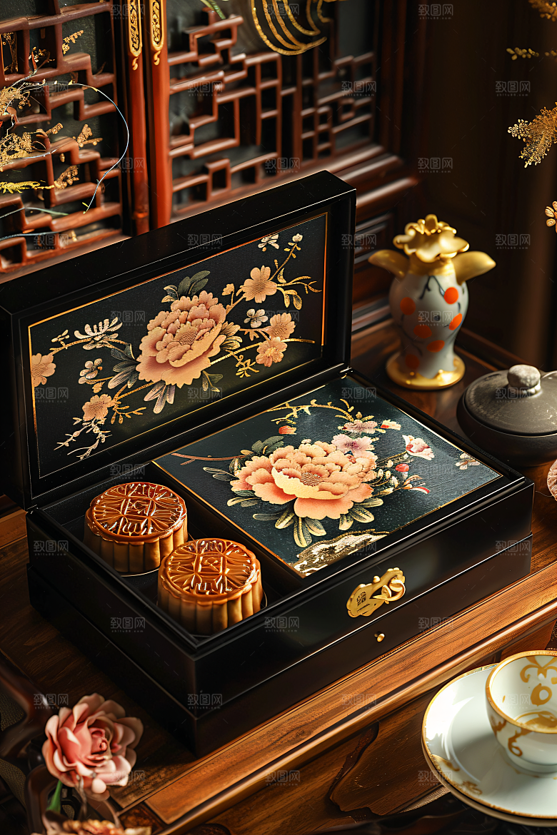 中秋月饼礼盒莲蓉月饼传统美食摄影图