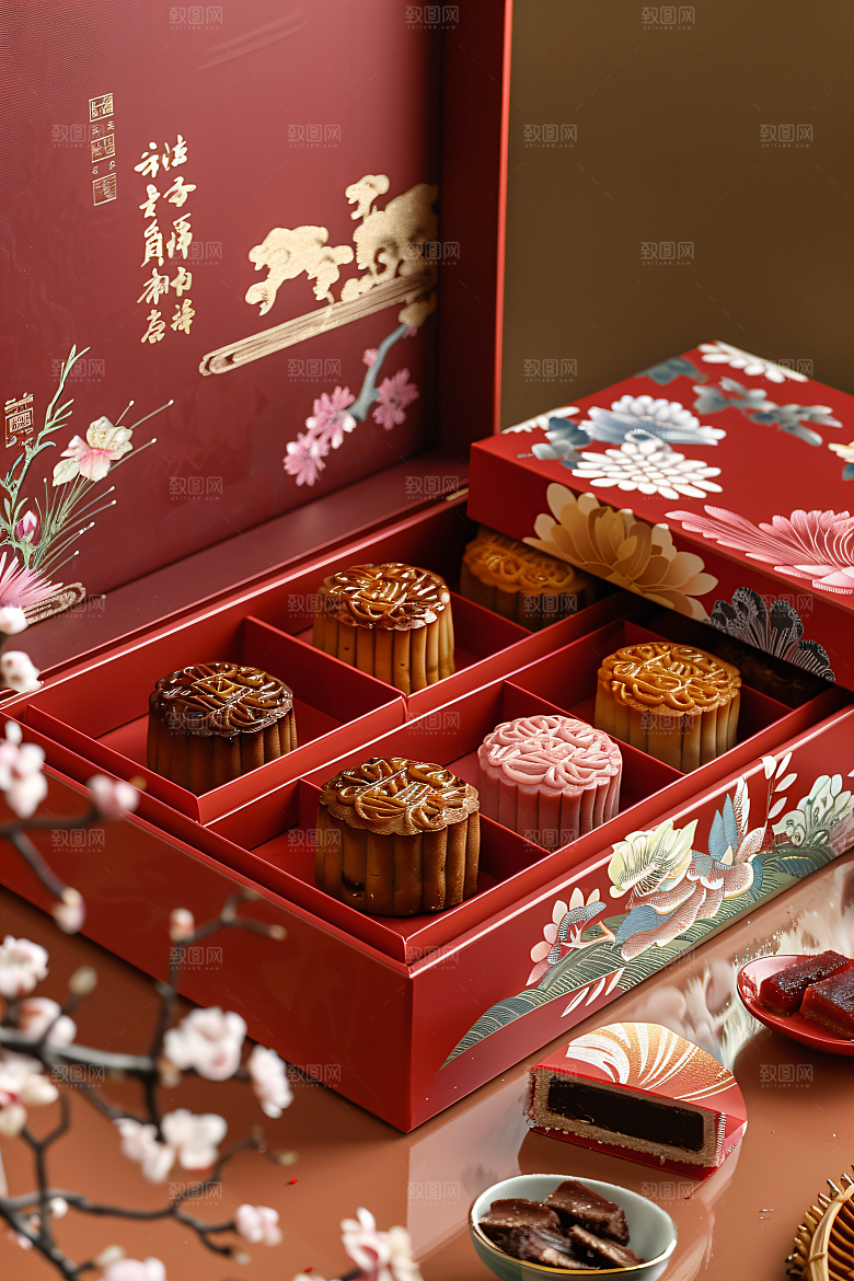 中秋月饼礼盒传统美食礼品摄影图