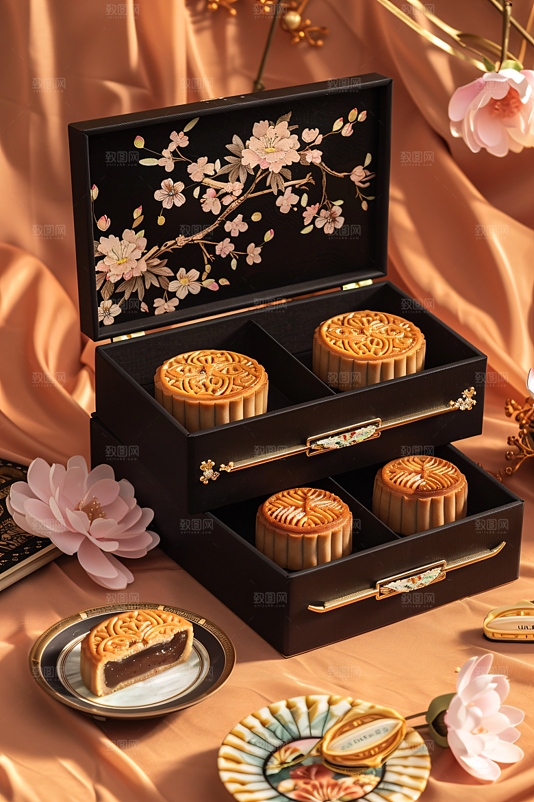 中秋月饼礼盒美食礼品摄影图