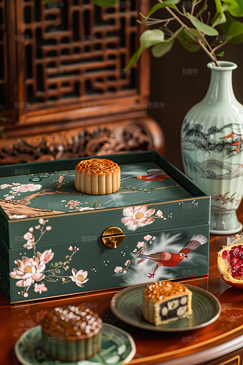 中秋月饼礼盒糕点习俗摄影图