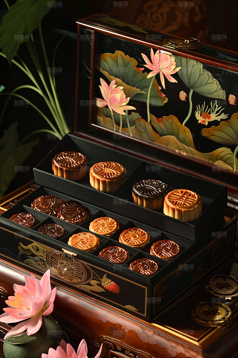 中秋月饼礼盒传统美食美食摄影图