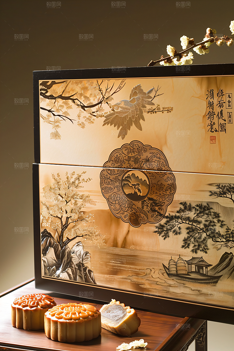 中秋月饼礼盒美食甜点摄影图