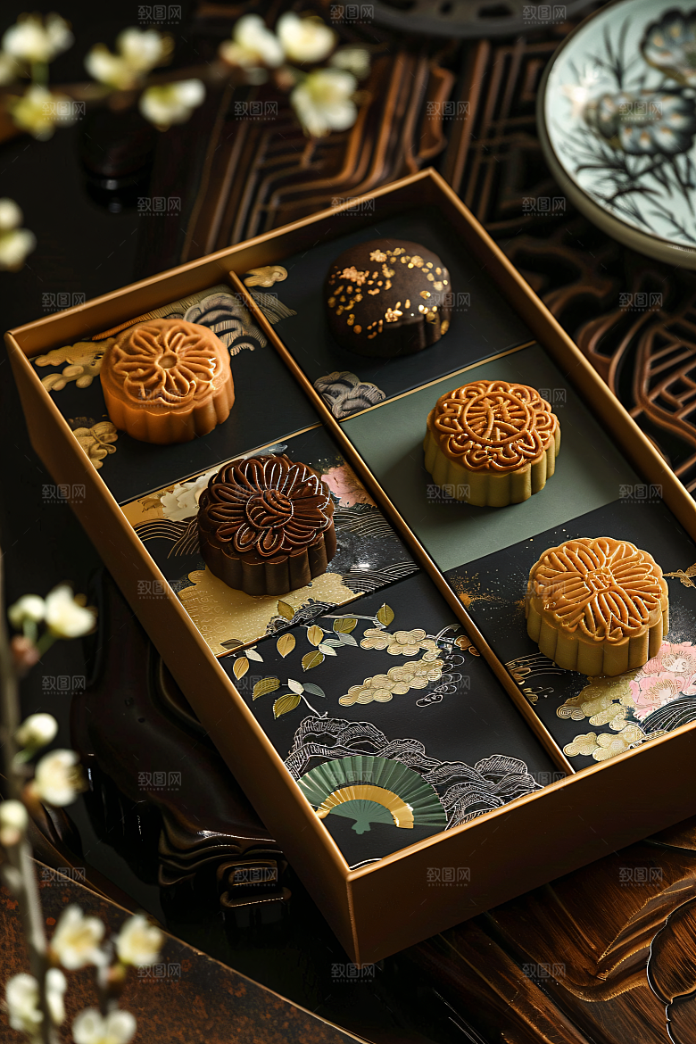 中秋月饼礼盒莲蓉月饼美食摄影图