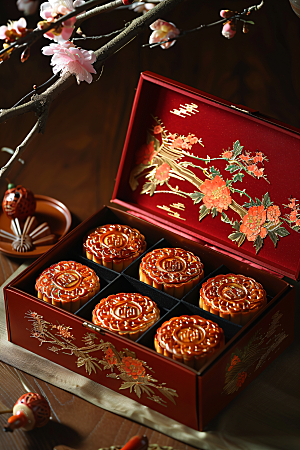 中秋月饼礼盒糕点传统美食摄影图