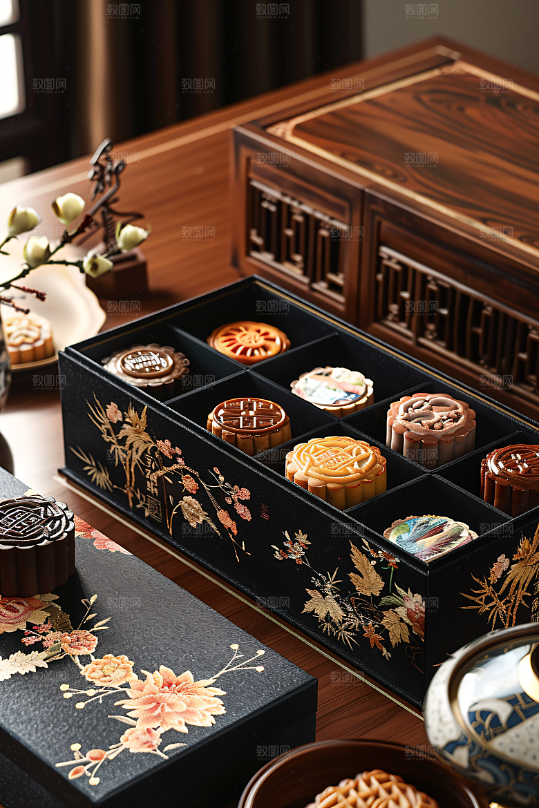 中秋月饼礼盒礼品莲蓉月饼摄影图