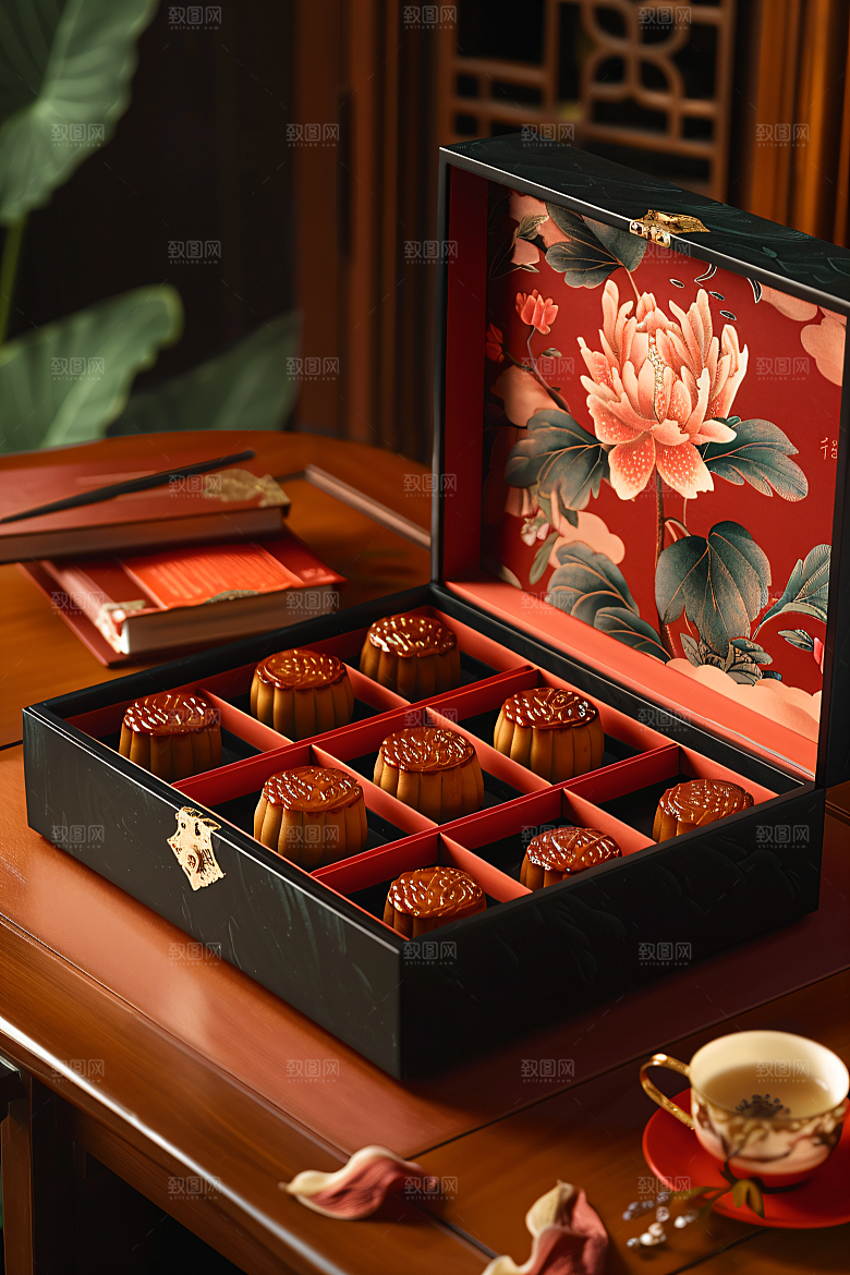中秋月饼礼盒糕点广式月饼摄影图