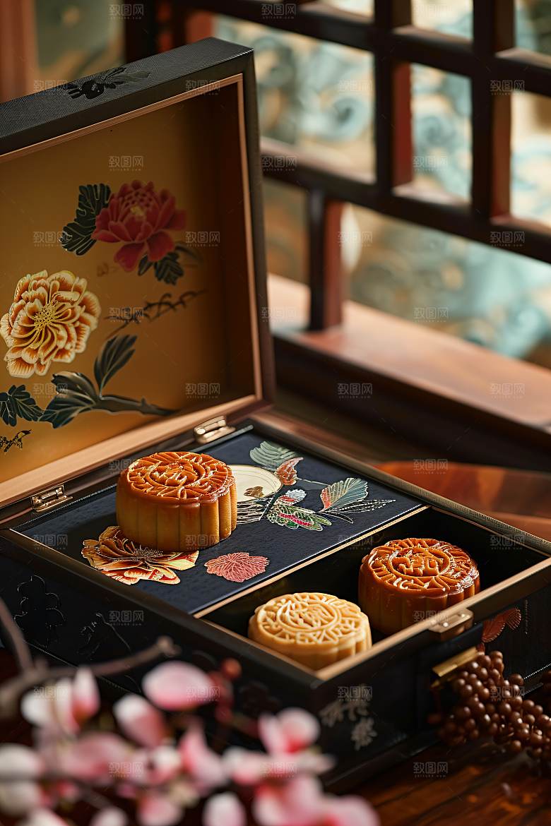 中秋月饼礼盒传统节日礼品摄影图