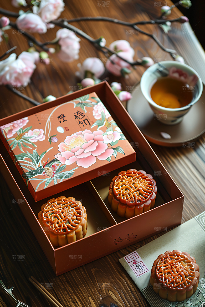 中秋月饼礼盒传统美食中秋节摄影图