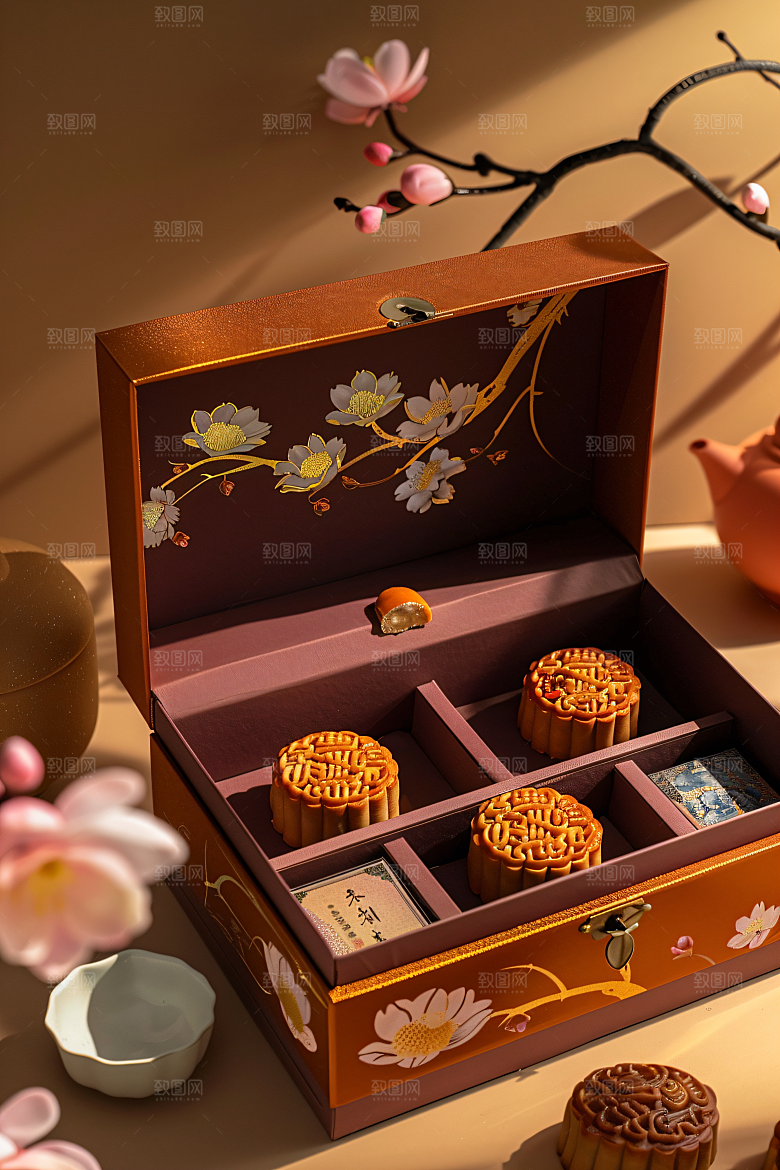 中秋月饼礼盒传统美食习俗摄影图
