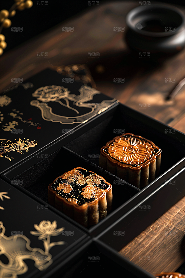中秋月饼礼盒高清甜点摄影图