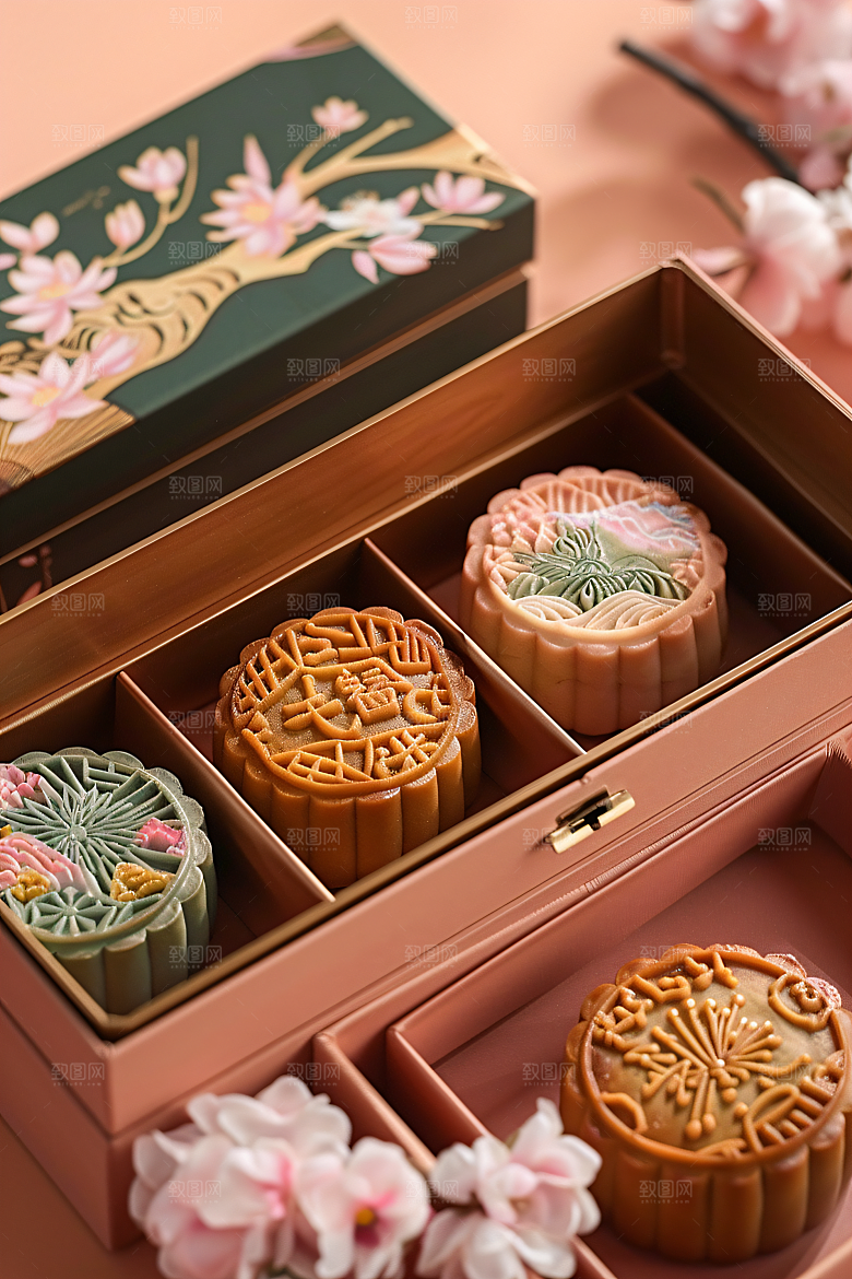 中秋月饼礼盒莲蓉月饼习俗摄影图