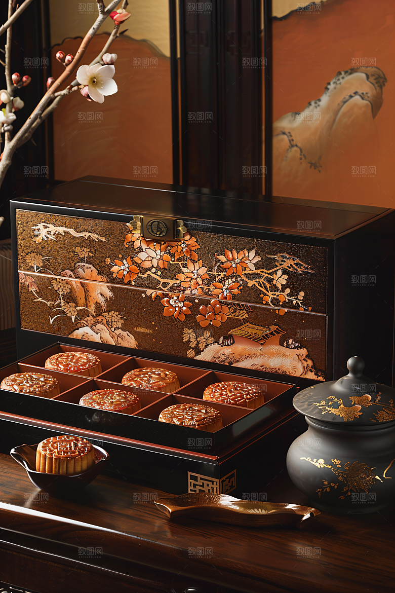 中秋月饼礼盒高清中秋节摄影图