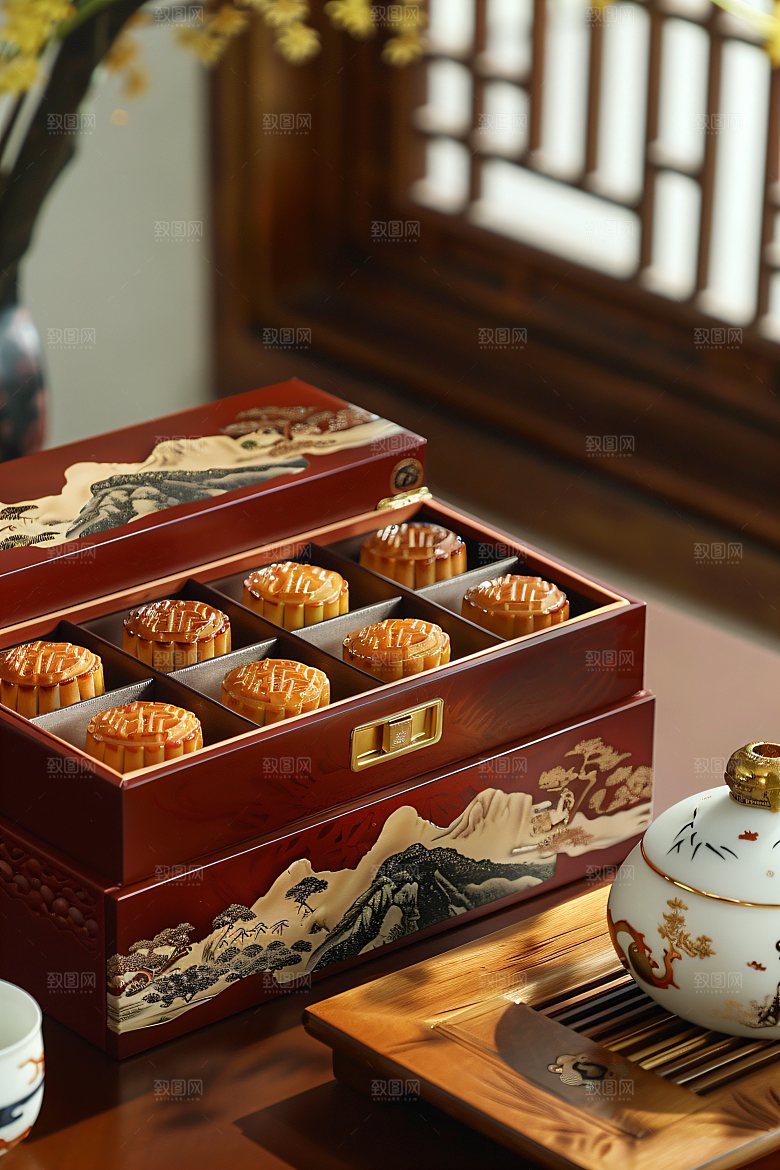 中秋月饼礼盒文化美味摄影图