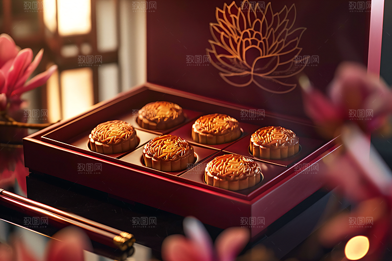 中秋月饼礼盒精致美食摄影图