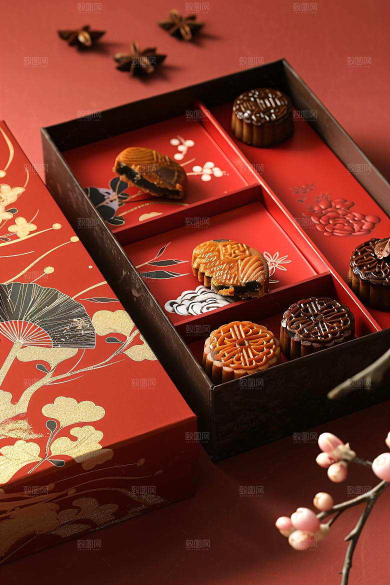 中秋月饼礼盒广式月饼莲蓉月饼摄影图