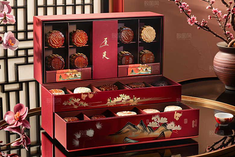 中秋月饼礼盒传统节日精致摄影图