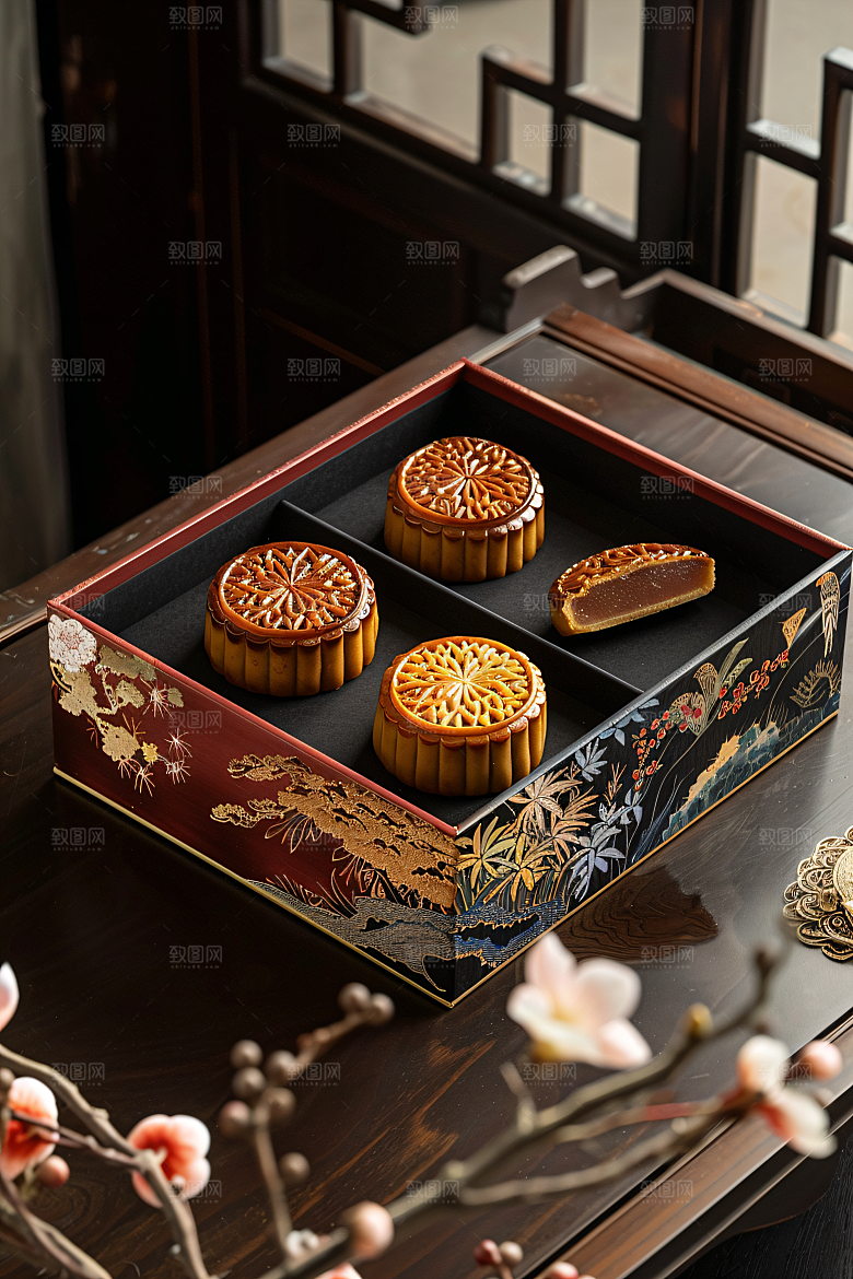 中秋月饼礼盒习俗莲蓉月饼摄影图