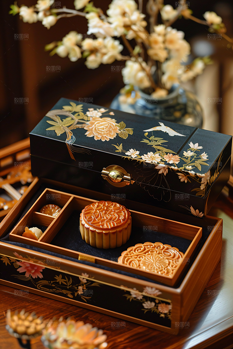 中秋月饼礼盒甜点精致摄影图