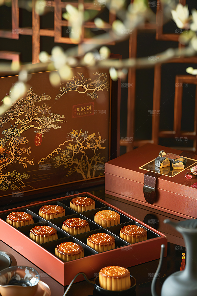 中秋月饼礼盒糕点高清摄影图