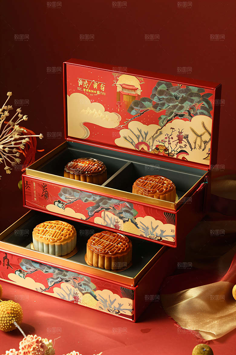 中秋月饼礼盒高清习俗摄影图
