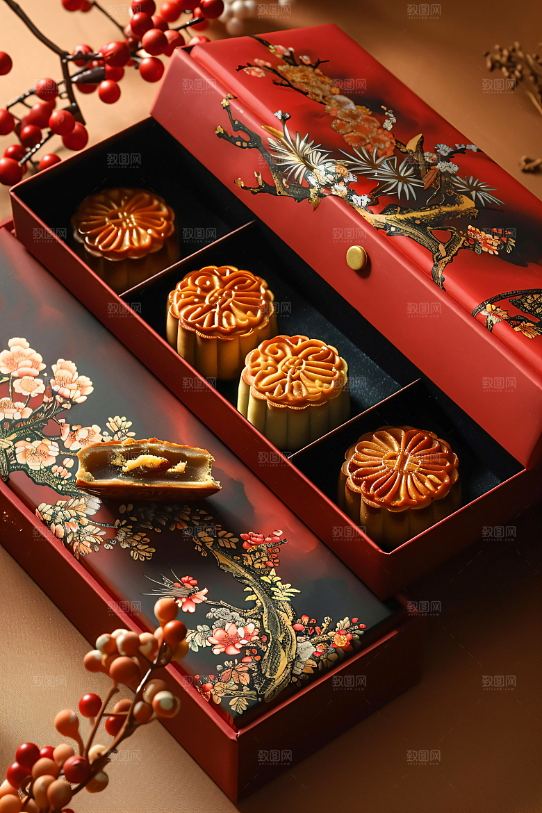 中秋月饼礼盒莲蓉月饼糕点摄影图