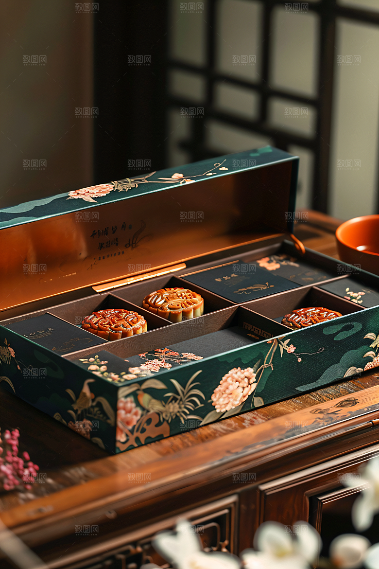 中秋月饼礼盒精致甜点摄影图
