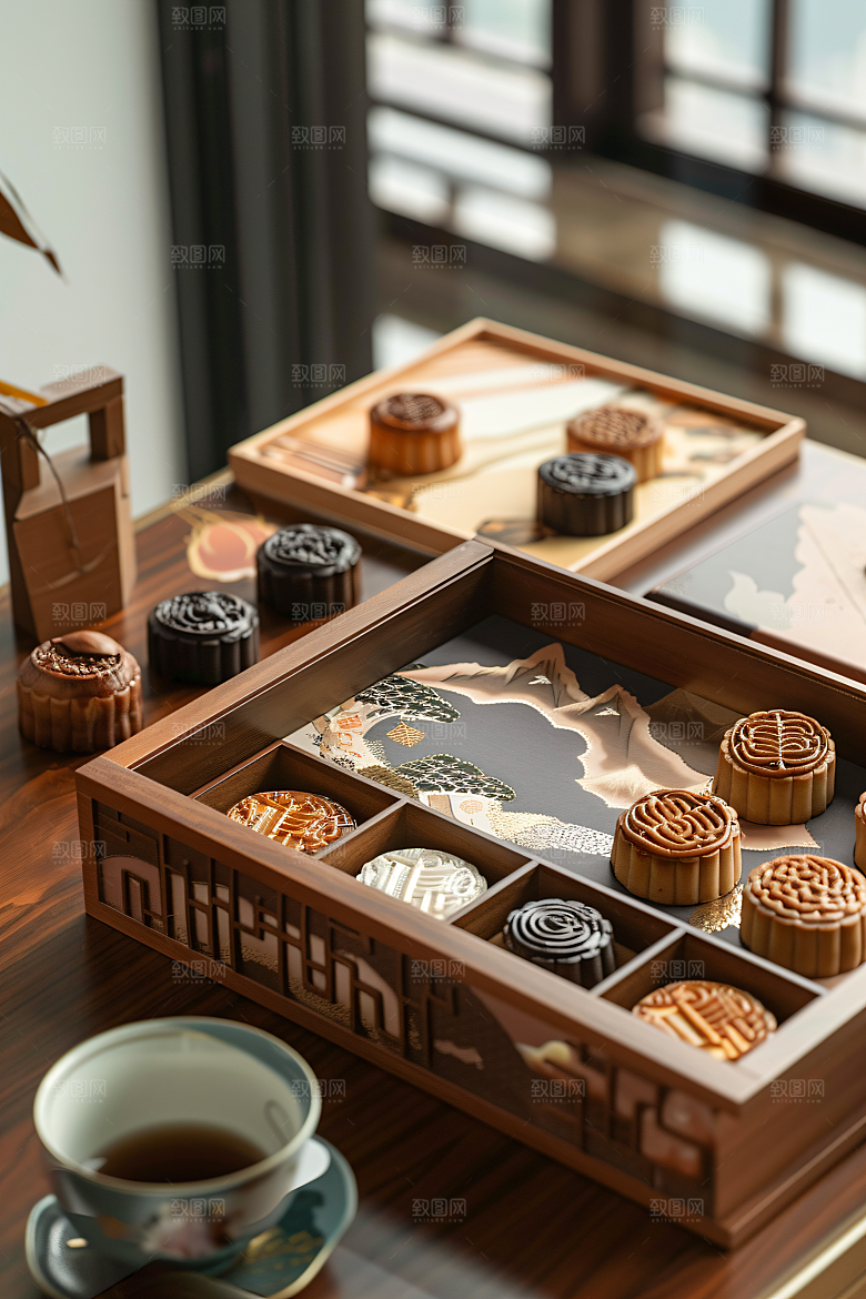 中秋月饼礼盒传统美食高清摄影图