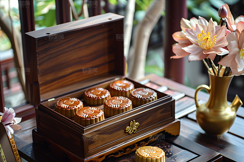 中秋月饼礼盒美味甜点摄影图