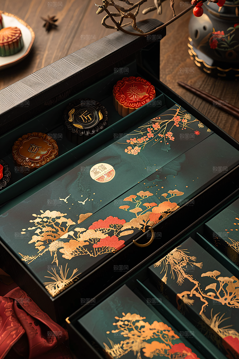 中秋月饼礼盒甜点传统节日摄影图
