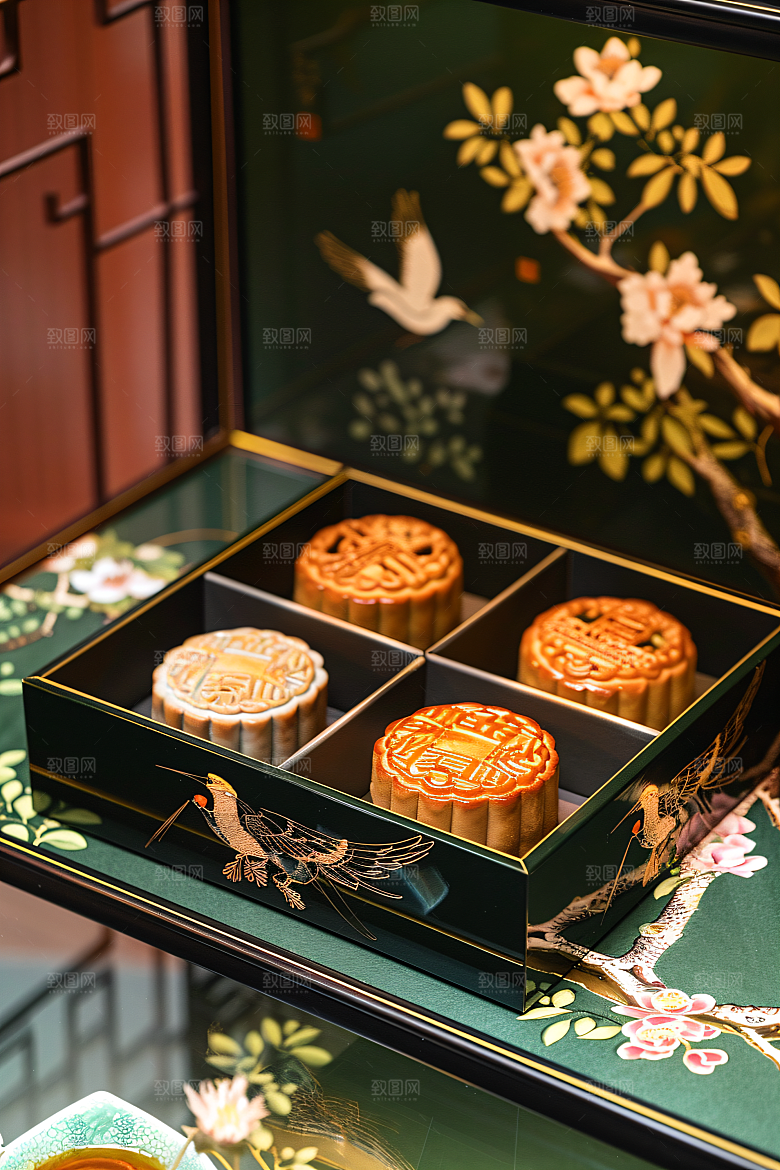 中秋月饼礼盒传统美食美味摄影图