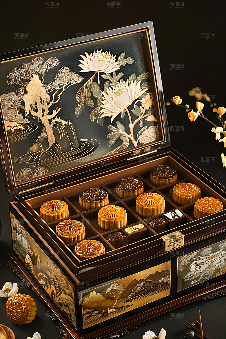 中秋月饼礼盒中秋节高清摄影图