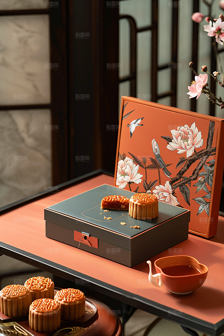 中秋月饼礼盒莲蓉月饼高清摄影图