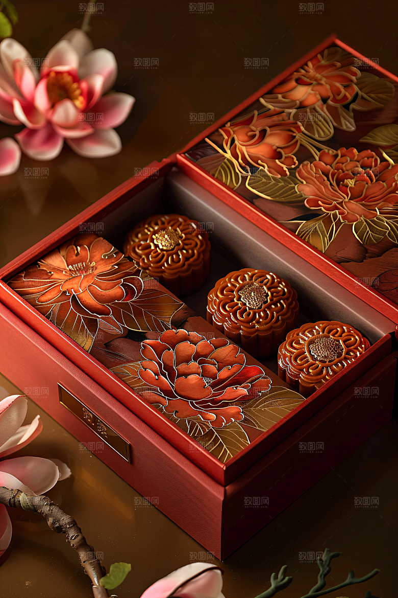 中秋月饼礼盒传统美食习俗摄影图