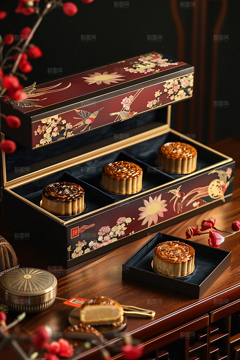 中秋月饼礼盒精致莲蓉月饼摄影图