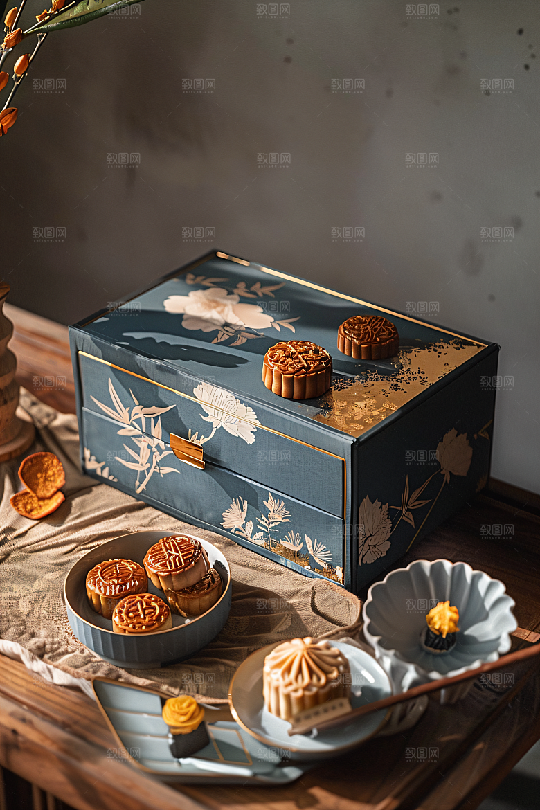 中秋月饼礼盒中秋节甜点摄影图