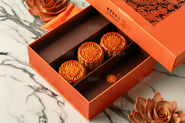 中秋月饼礼盒习俗精致摄影图