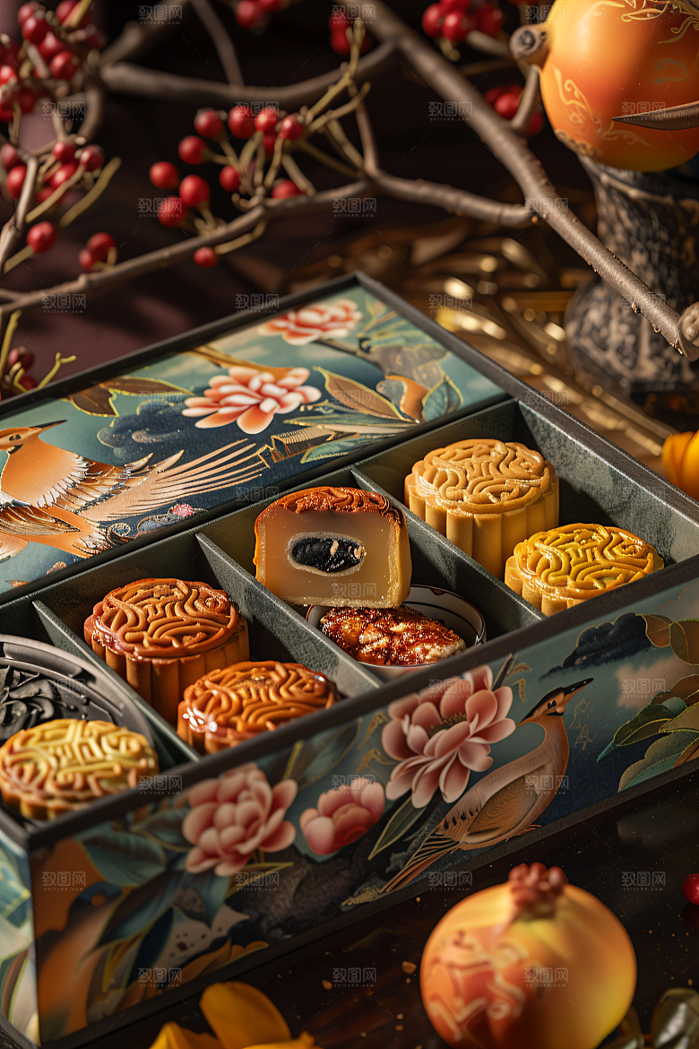 中秋月饼礼盒莲蓉月饼糕点摄影图