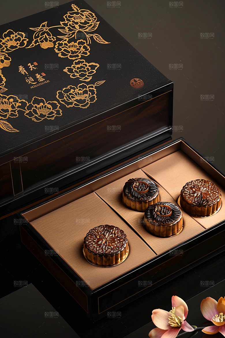 中秋月饼礼盒甜点文化摄影图