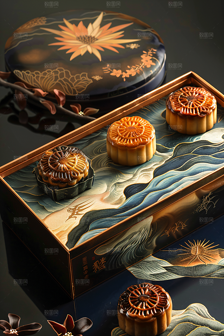 中秋月饼礼盒传统节日美食摄影图