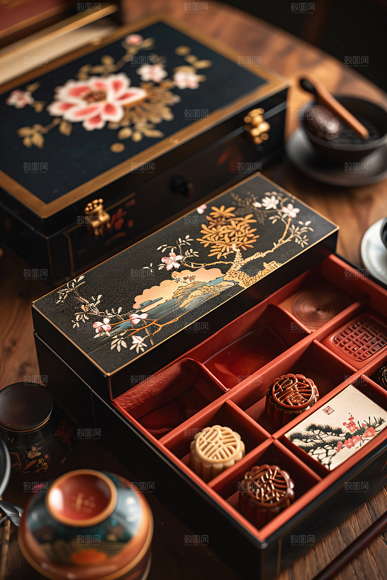 中秋月饼礼盒广式月饼甜点摄影图
