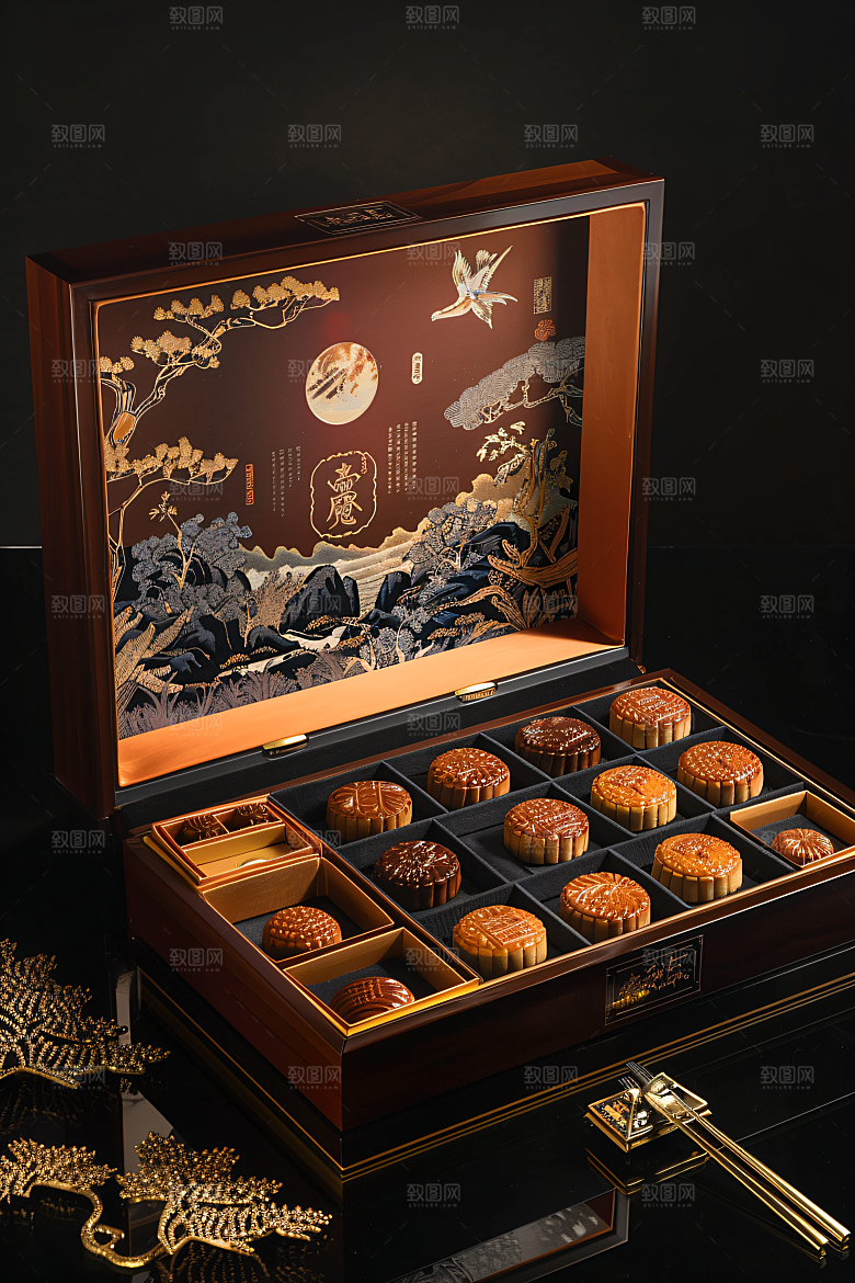 中秋月饼礼盒传统节日美味摄影图