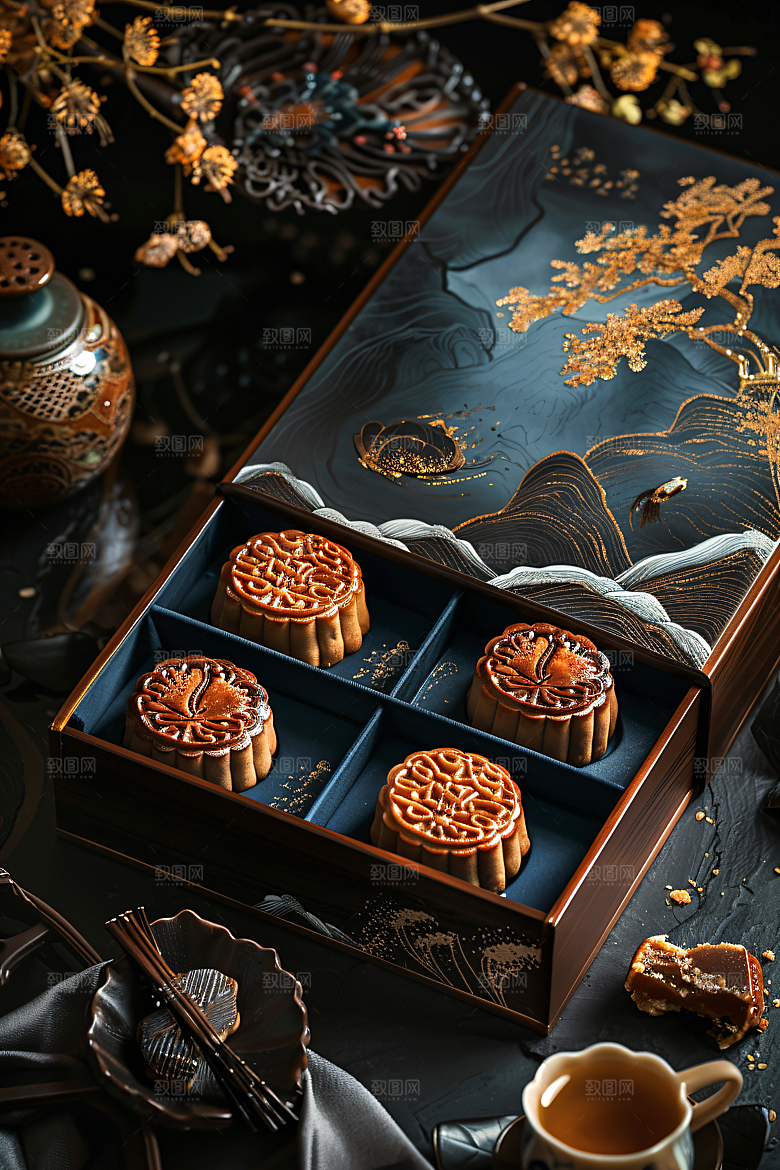 中秋月饼礼盒习俗美味摄影图