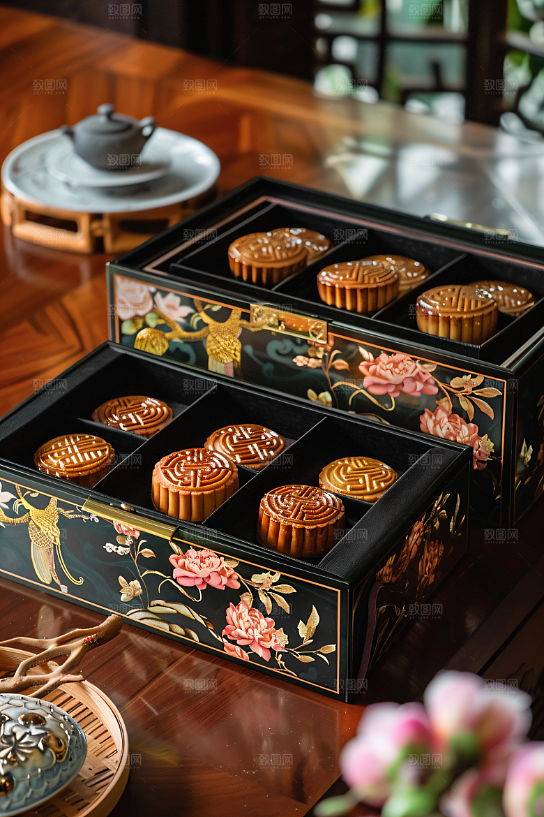 中秋月饼礼盒美味礼品摄影图
