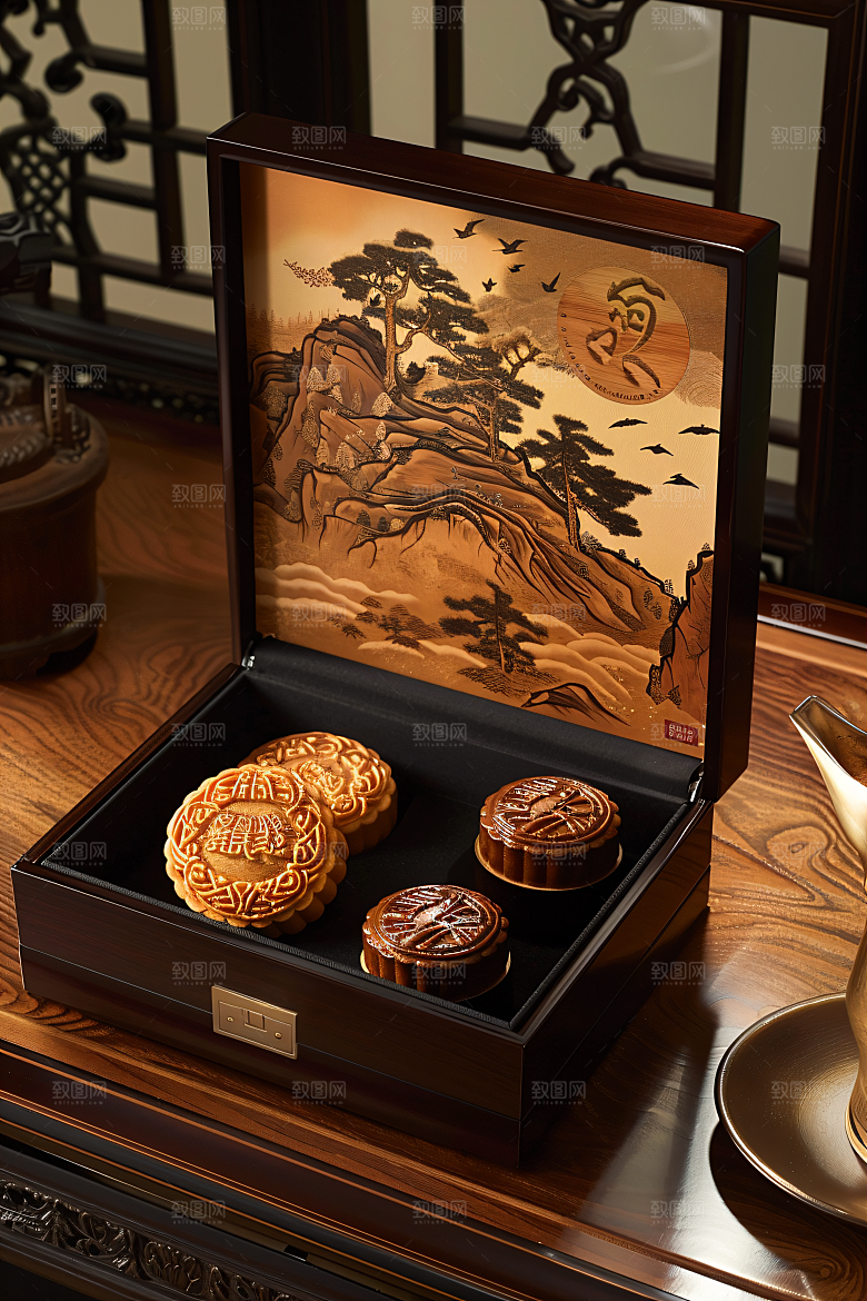 中秋月饼礼盒高清甜点摄影图