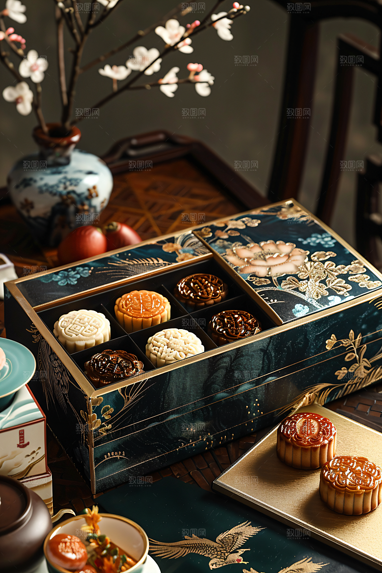 中秋月饼礼盒广式月饼传统美食摄影图