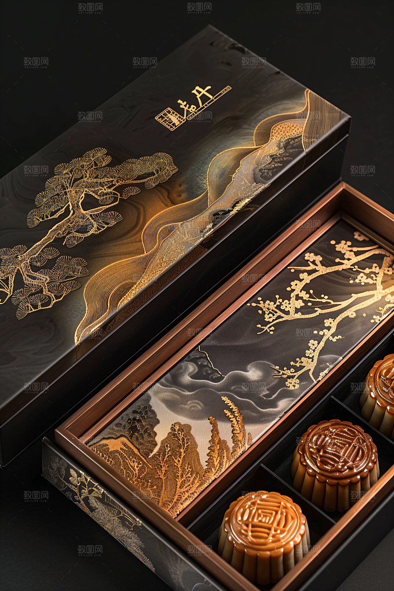 中秋月饼礼盒广式月饼精致摄影图